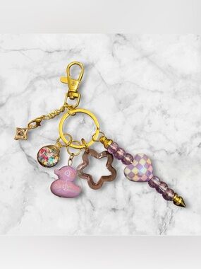 Gold Keychain with Pastel Pink Duck, Lavender Heart & Star Charm
